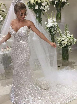White Sequin Applique Strapless Mermaid Train Wedding Dresses , AB1523