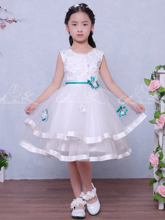 White Tulle Applique Beading Tiered Teal Belt Flower Girl Dresses, FGS118