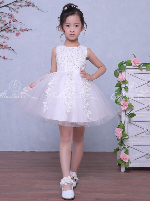 White Tulle Lace Beaded Applique Sleeveless Vintage Flower Girl Dresses, FGS036