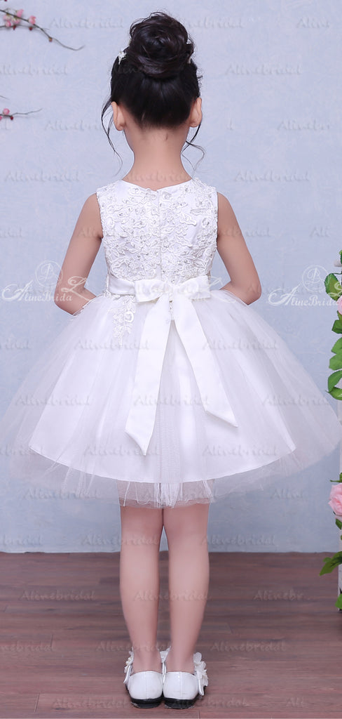 White Tulle Lace Beaded Applique Sleeveless Vintage Flower Girl Dresses, FGS036