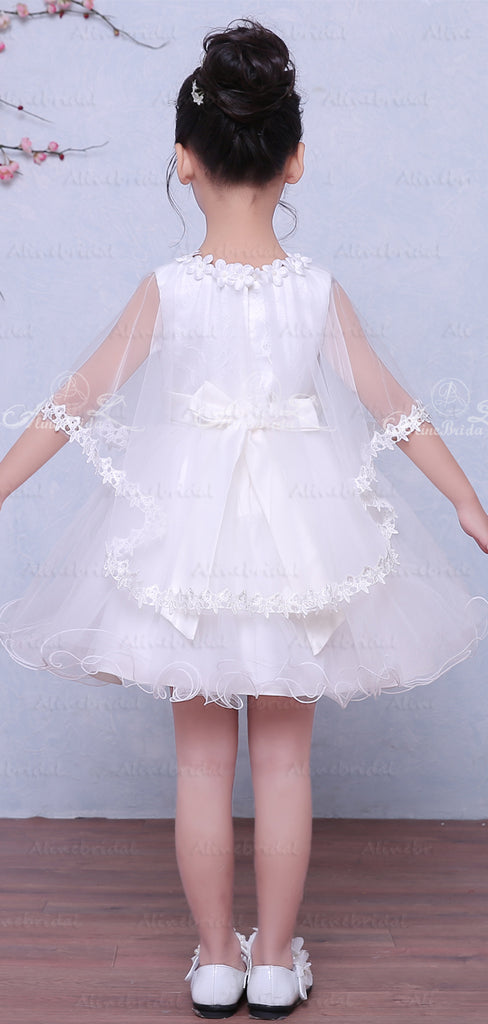 White Tulle Simple Flower Girl Dresses With Cape, FGS030