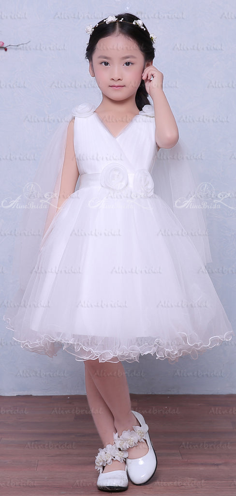 White Tulle V-neck Sleeveless Handmade Flower Simple Flower Girl Dress AlineBridal White Tulle V-neck Sleeveless Handmade Flower Simple Flower Girl Dress AlineBridal