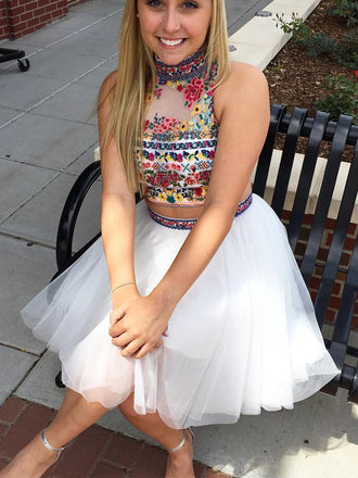 White Two Piece Embroidery High Neck Open Back Homecoming Dresses ,HD0018