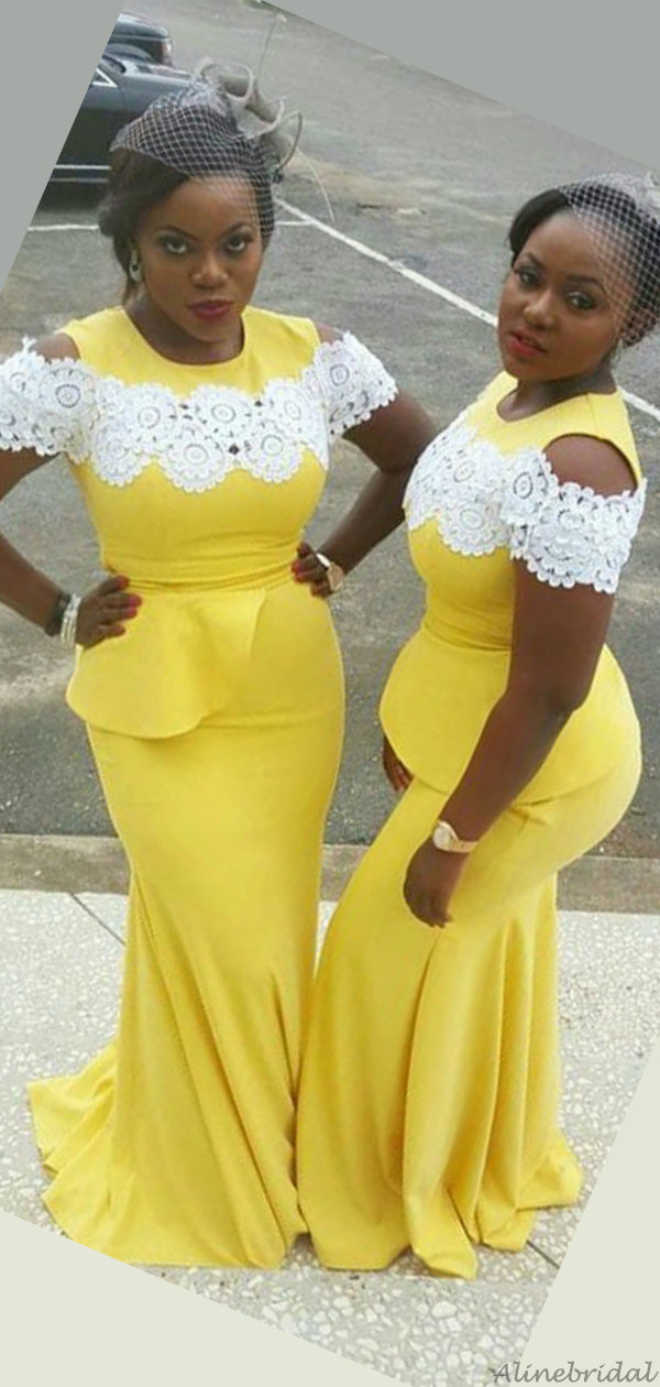 Modest Lace Off-shoulder Bright Yellow Mermaid Long Bridesmaid Dress, AlineBridal Modest Lace Off-shoulder Bright Yellow Mermaid Long Bridesmaid Dress, AlineBridal