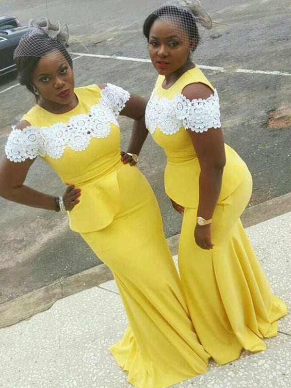 Modest Lace Off-shoulder Bright Yellow Mermaid Long Bridesmaid Dress, –  AlineBridal
