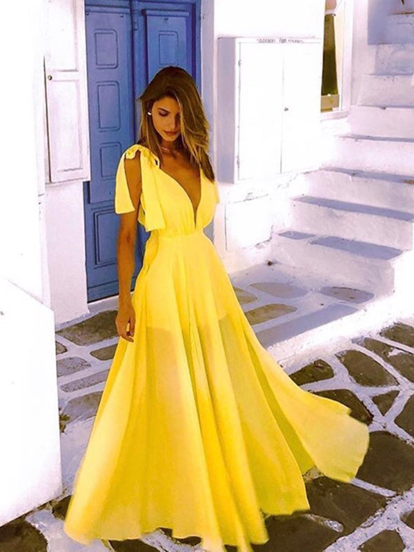 Yellow Chiffon Off-shoulder Slit Sheer Prom Dress - Xdressy