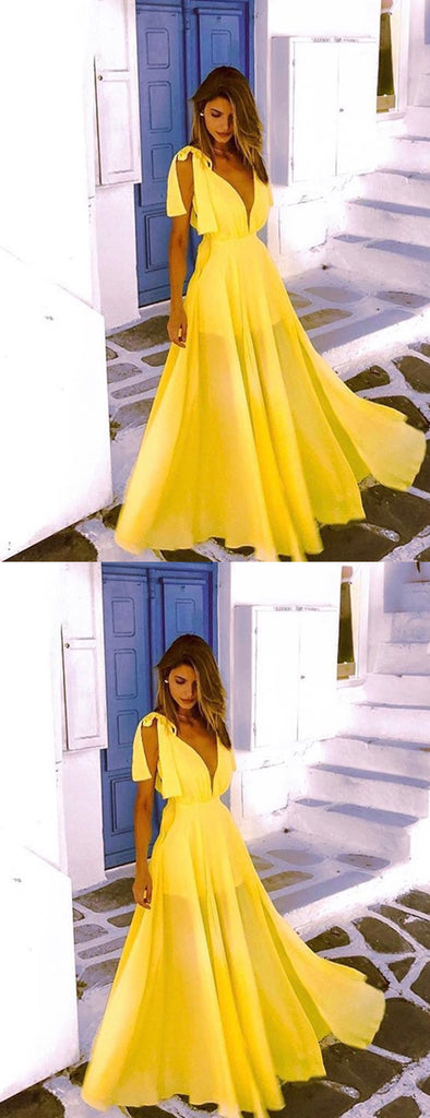 Yellow Chiffon V-neck Sleeveless A-line Simple Prom Dresses,PD00318