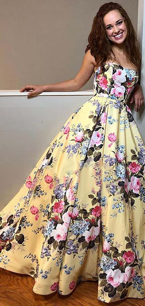 Yellow Floral Prints Satin Sweetheart Strapless Prom Dresses,PD00373