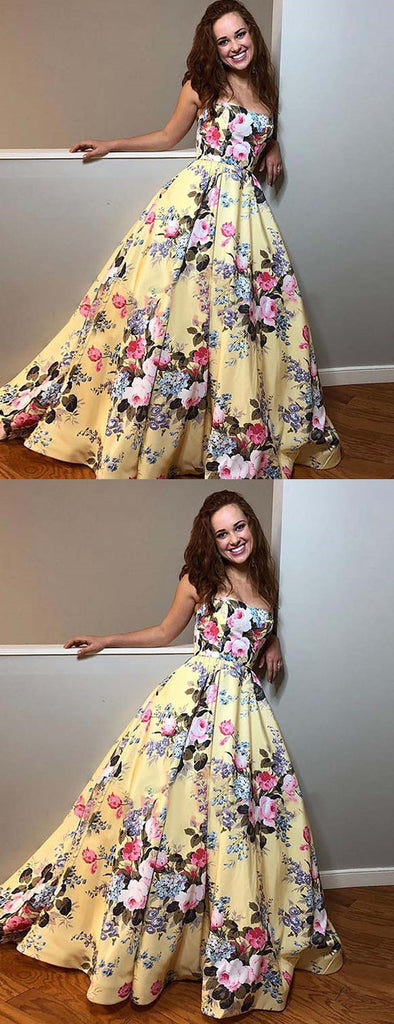 Yellow Floral Prints Satin Sweetheart Strapless Prom Dresses,PD00373