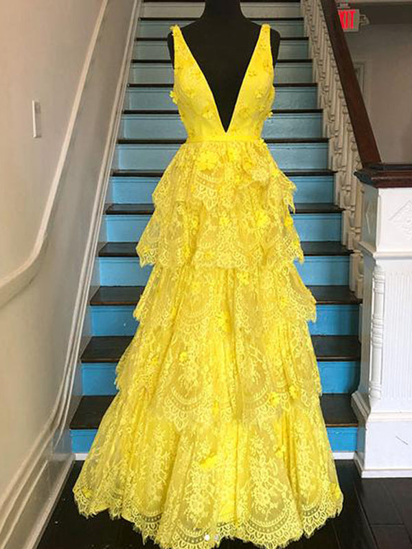 Yellow Lace Tiered Vintage V-neck A-line Prom Dresses ,PD00377