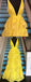 Yellow Lace Tiered Vintage V-neck A-line Prom Dresses ,PD00377