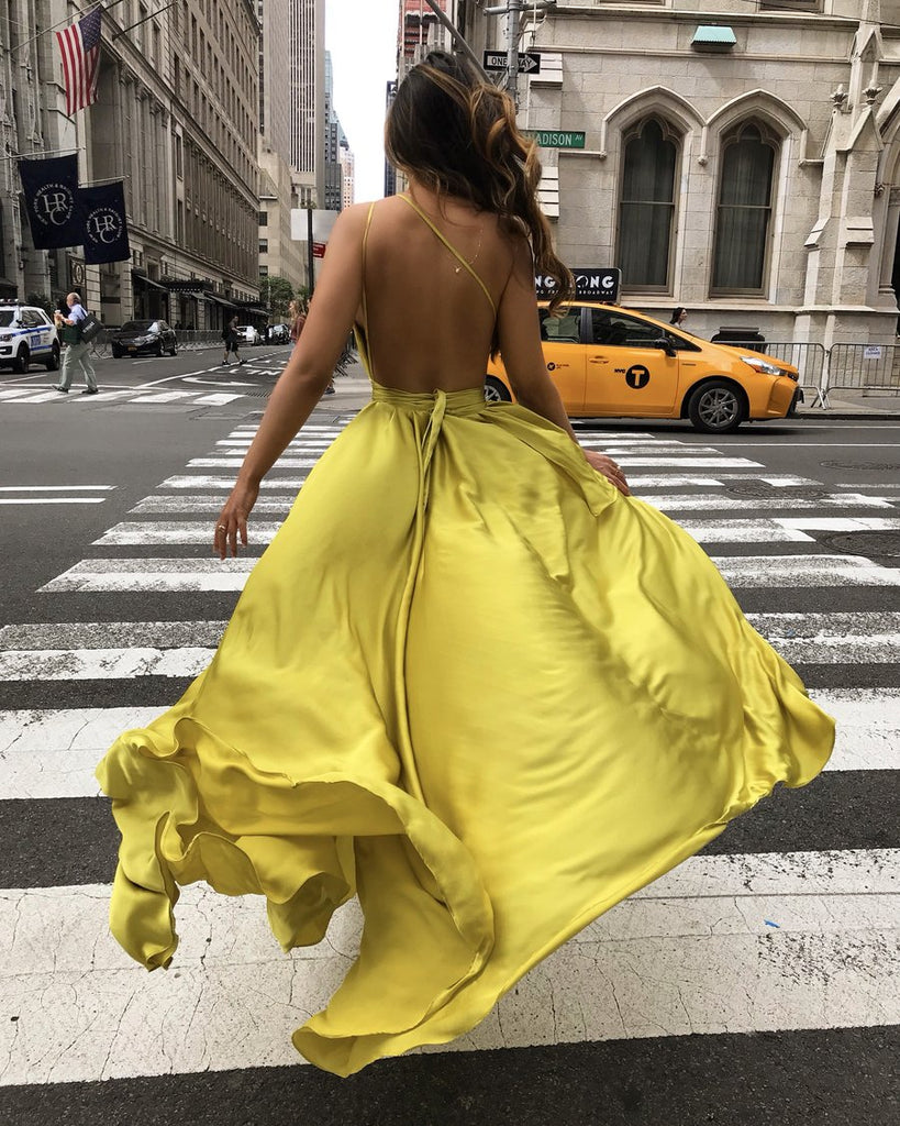 Yellow One Shoulder Backelss Spaghetti Strap Sexy Prom Dresses ,PD00197