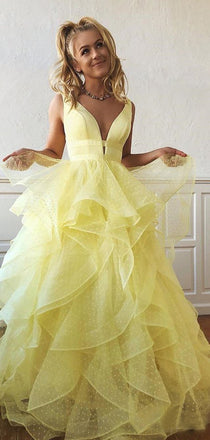 Yellow Organza Ruffles Ball Gown For Teens Prom Dresses.PD00251