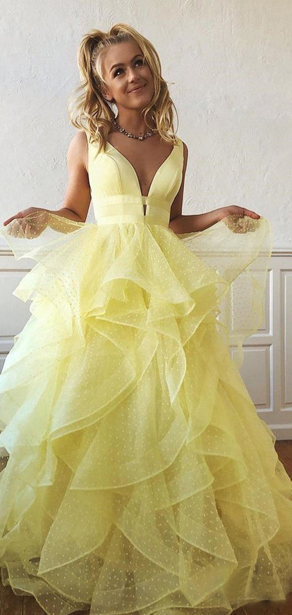 Elegant V-neck Ruffles A-line Yellow Organza Ball Gown, Evening Dress, – AlineBridal Elegant V-neck Ruffles A-line Yellow Organza Ball Gown, Evening Dress, – AlineBridal