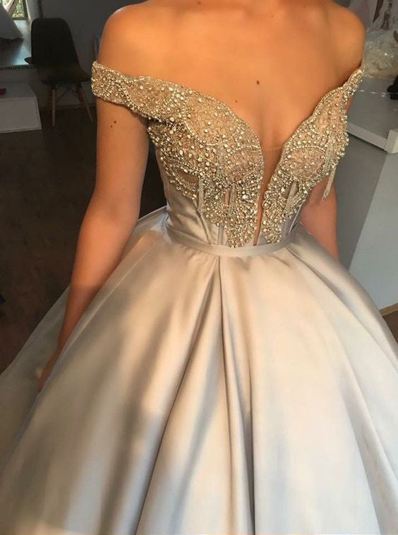 strapless open back dress Elegant Silver Satin Beadings Off Shoulder Ball Gown Prom Dresses.PD00 –  AlineBridal
