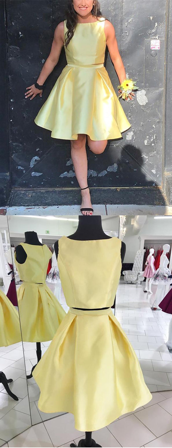 Elegant Bateau Two Piece Yellow Charming Homecoming Dresses, HD0042   AlineBridal