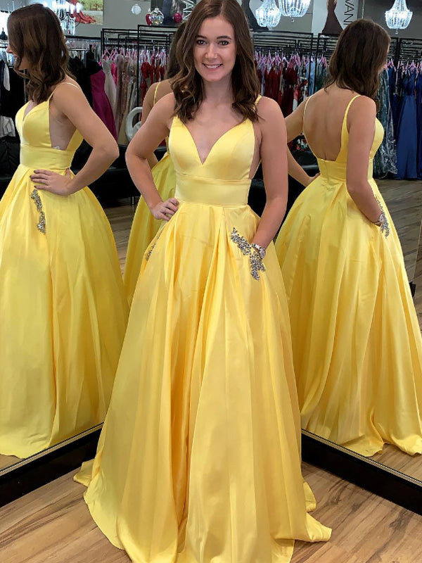 Yellow Satin V-neck Scoop Back Beading Pocket Prom Dresses,PD00357