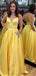 Yellow Satin V-neck Scoop Back Beading Pocket Prom Dresses,PD00357