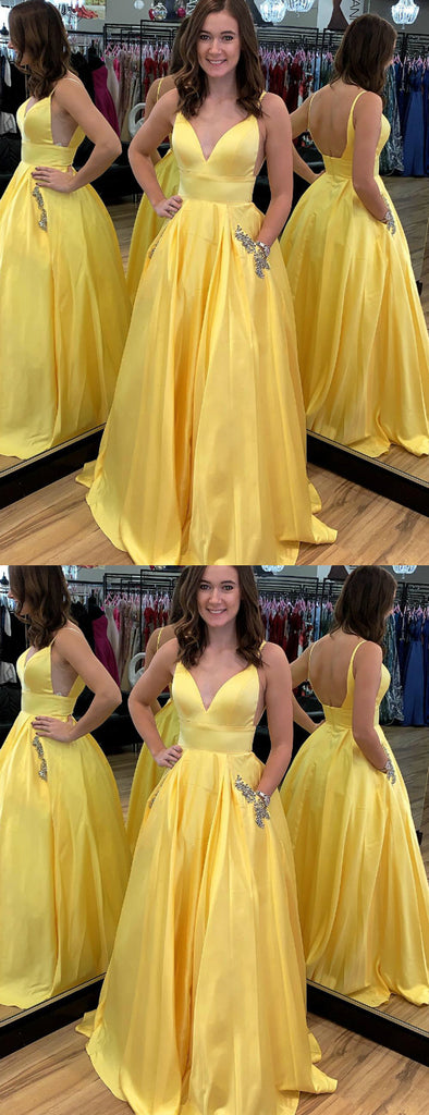 Yellow Satin V-neck Scoop Back Beading Pocket Prom Dresses,PD00357