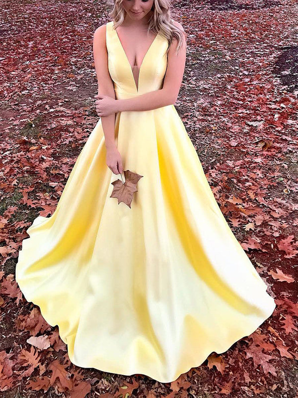 Yellow Satin V-neck Sleeveless Pockets A-line Prom Dresses,PD00355