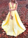 Yellow Satin V-neck Sleeveless Pockets A-line Prom Dresses,PD00355
