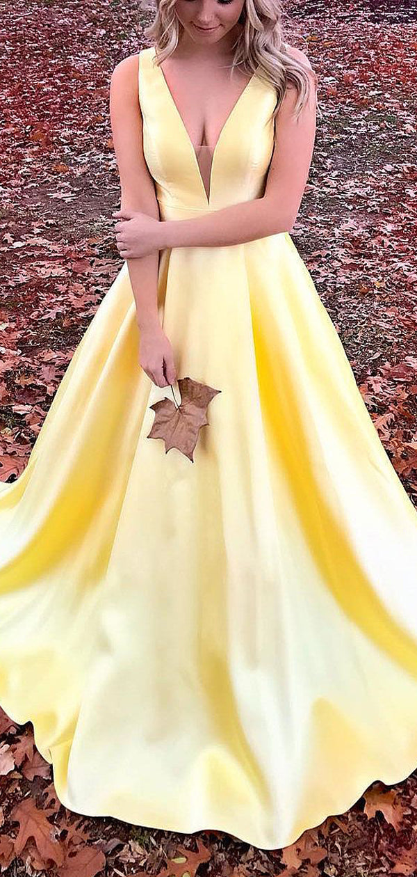 Yellow Satin V-neck Sleeveless Pockets A-line Prom Dresses,PD00355 AlineBridal Yellow Satin V-neck Sleeveless Pockets A-line Prom Dresses,PD00355 AlineBridal