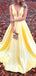 Yellow Satin V-neck Sleeveless Pockets A-line Prom Dresses,PD00355