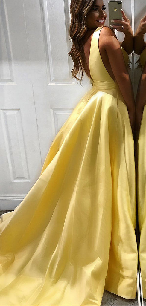 Yellow Satin V-neck Sleeveless Pockets A-line Prom Dresses,PD00355