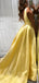 Yellow Satin V-neck Sleeveless Pockets A-line Prom Dresses,PD00355