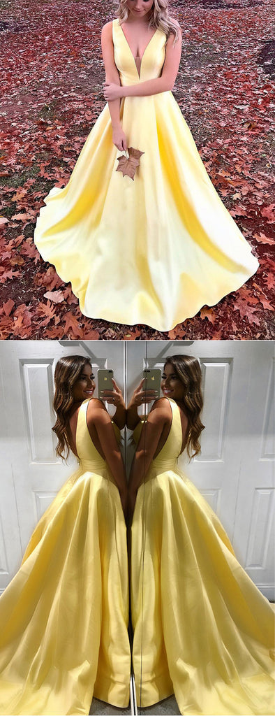 Yellow Satin V-neck Sleeveless Pockets A-line Prom Dresses,PD00355