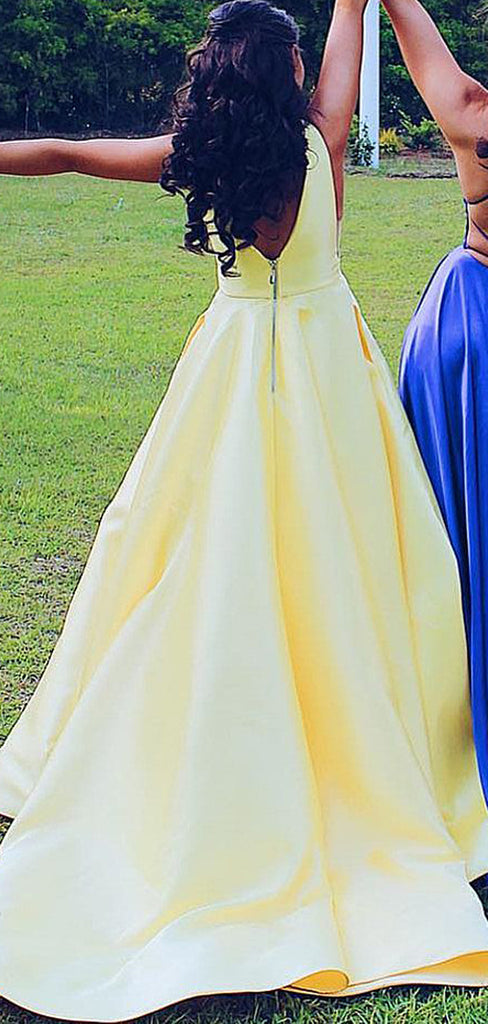 Yellow Satin V-neck Sleeveless Pockets A-line Prom Dresses,PD00355