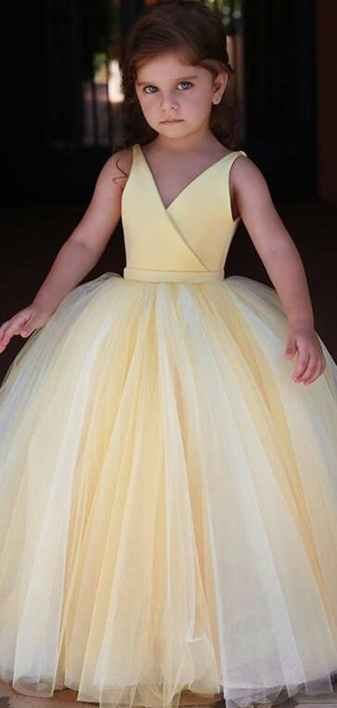 Yellow Satin V-neck Tulle Ball Gown Simple Flower Girl Dresses, FGS117