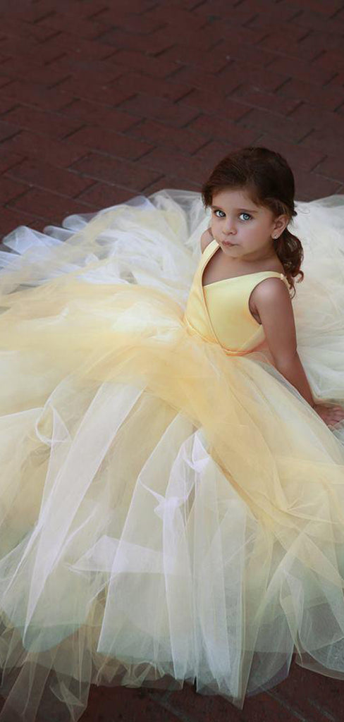 Yellow Satin V-neck Tulle Ball Gown Simple Flower Girl Dresses, FGS117