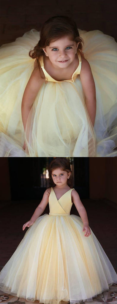 Yellow Satin V-neck Tulle Ball Gown Simple Flower Girl Dresses, FGS117