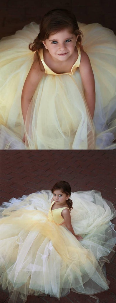 Yellow Satin V-neck Tulle Ball Gown Simple Flower Girl Dresses, FGS117