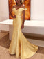 Yellow Satin With Beads Unique Strapless Mermaid Prom Dresses.PD00226