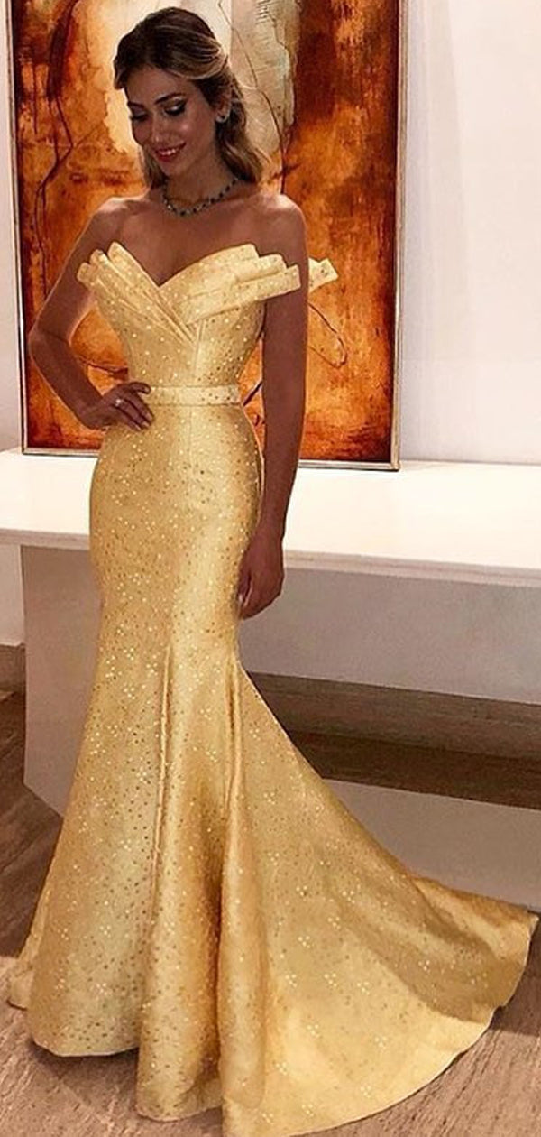 Yellow Satin With Beads Unique Strapless Mermaid Prom Dresses.PD00226 AlineBridal Yellow Satin With Beads Unique Strapless Mermaid Prom Dresses.PD00226 AlineBridal