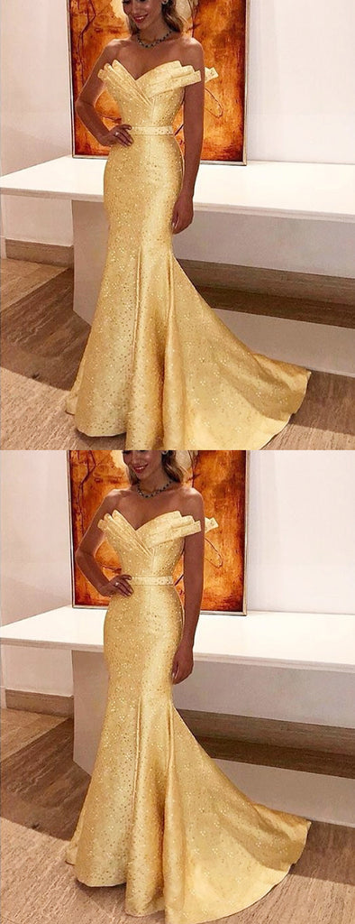 Yellow Satin With Beads Unique Strapless Mermaid Prom Dresses.PD00226