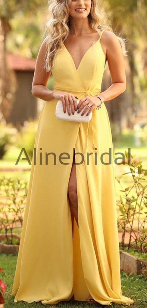 Yellow Spaghetti Strap V-neck With Belt Sexy Bridesmaid Dresses, AB4099