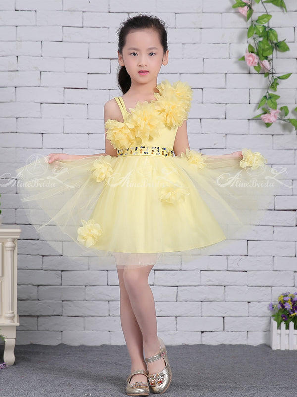 yellow flower girl dresses Yellow Tulle Handmade Flower Unique One Shoulder Sweet Flower Girl Dre –  AlineBridal
