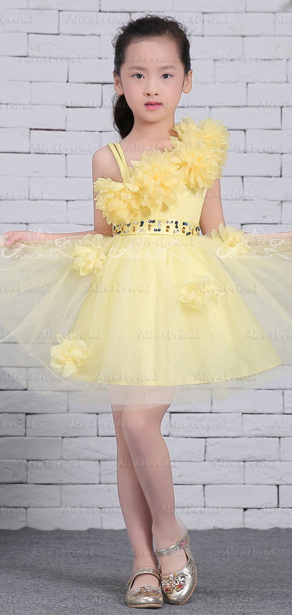 yellow flower girl dresses Yellow Tulle Handmade Flower Unique One Shoulder Sweet Flower Girl Dre – AlineBridal
