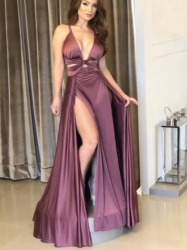 Youngh Purple Satin Chiffon Sexy Slip Simple Long Prom Dresses