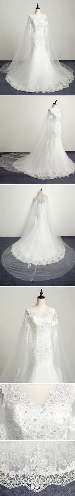 Vintage Lace Appliques Beads Mermaid Lace Up Back Tulle Watteau Train  Wedding Dress, AB1099