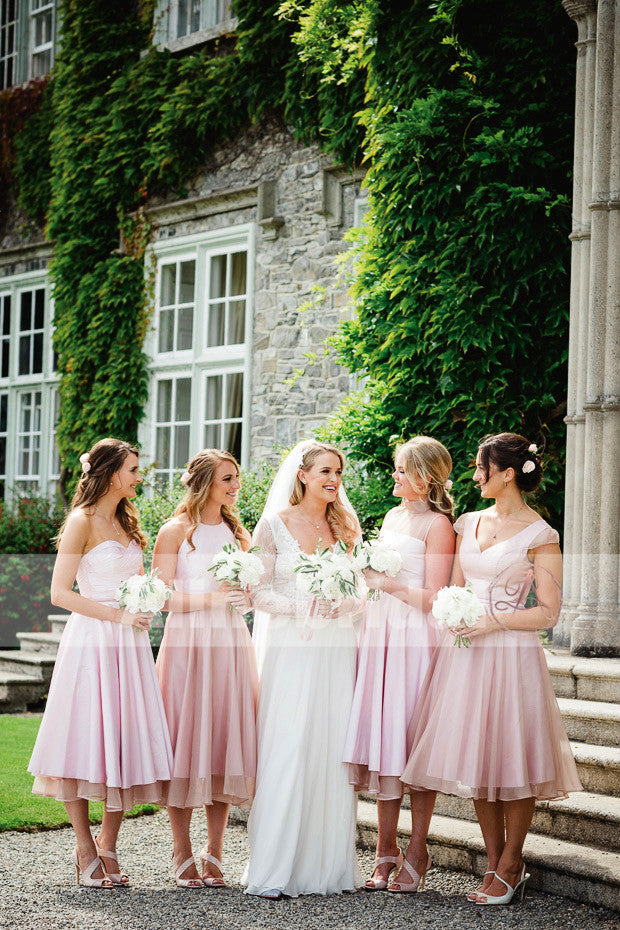 New Arrival Pink Mismatched Tea-length A-line Spring Bridesmaid Dresses. AB1206