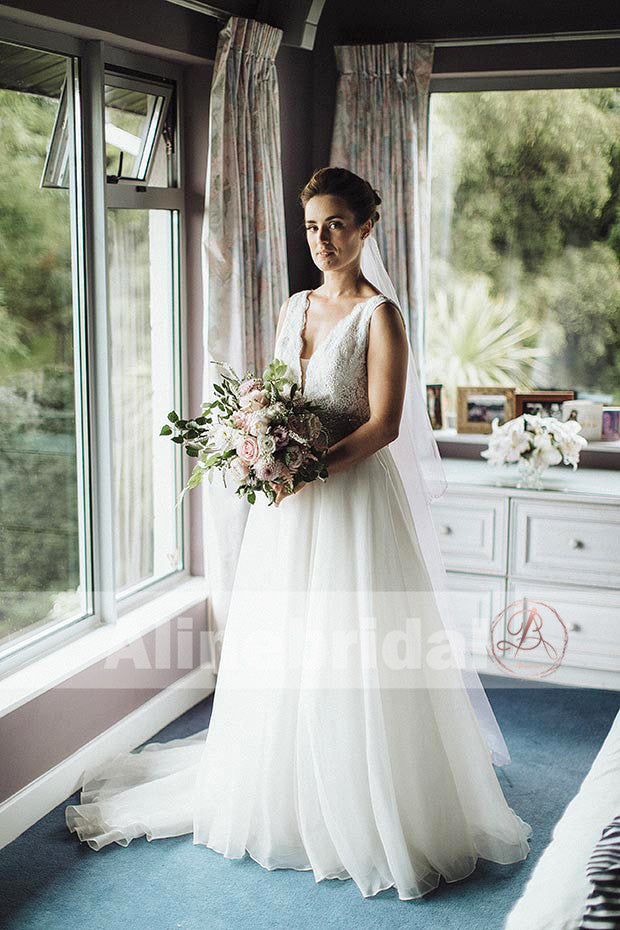 Simple Country Wedding Ivory Lace Top Tulle Sleeveless A-line Wedding Dresses, AB1130