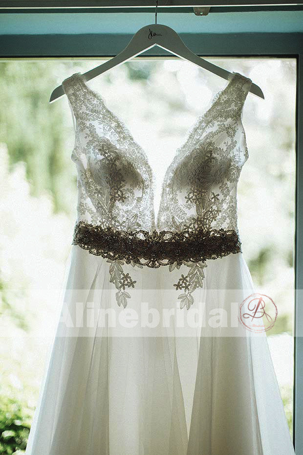 Simple Country Wedding Ivory Lace Top Tulle Sleeveless A-line Wedding Dresses, AB1130