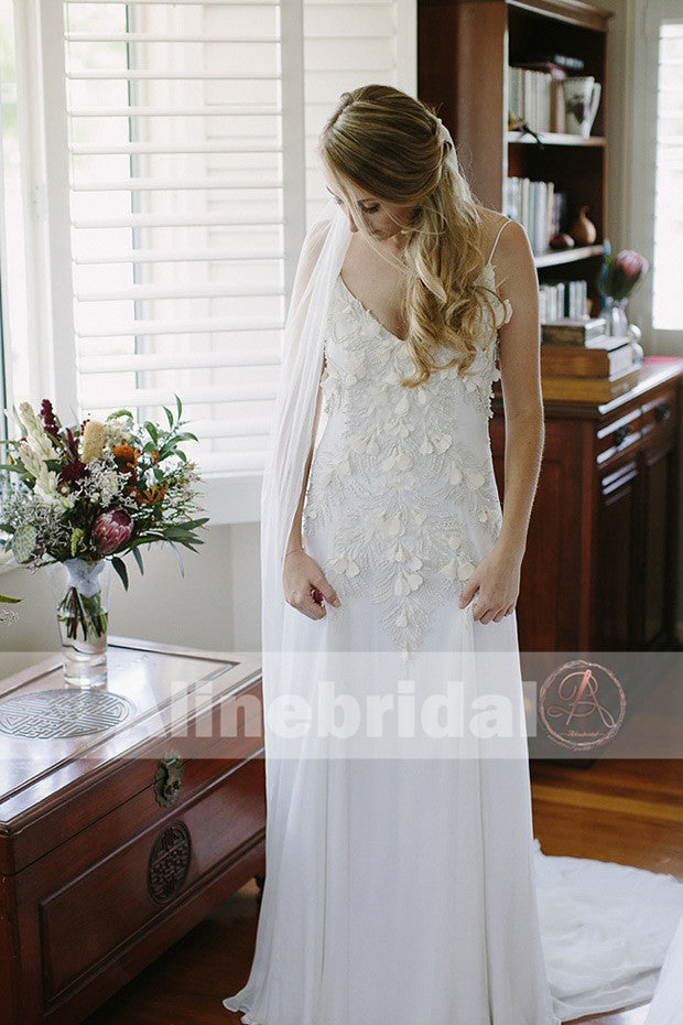 Charming Spaghetti Strap Ivory Chiffon Unique Feather Appliques Wedding Dresses, AB1131