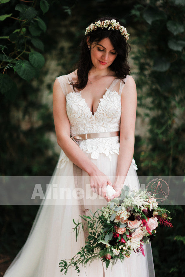 Elegant V-neck Lace Top Tulle Bottom A-line Boho Wedding Dresses, AB11 AlineBridal Elegant V-neck Lace Top Tulle Bottom A-line Boho Wedding Dresses, AB11 AlineBridal