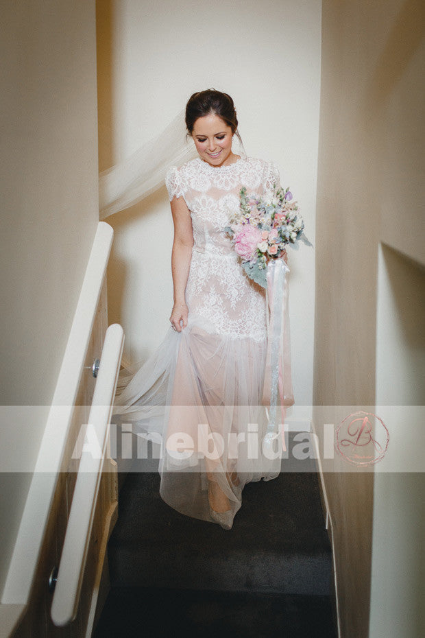 Vintage Lace Jewel Neck Short Sleeve Floor Length Wedding Dresses, AB1136