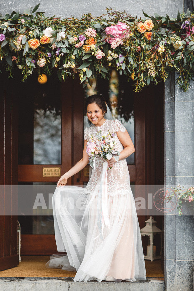 Vintage Lace Jewel Neck Short Sleeve Floor Length Wedding Dresses, AB1136